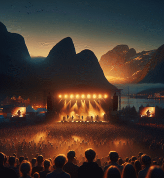Stemningsfullt norsk konsertbilde utendørs ved skumring: publikum i silhuett, varm scene belysning, fjell eller by i bakgrunnen, realistisk, høy oppløsning