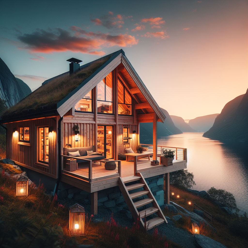 Koselig norsk hytte i naturskjønt fjordlandskap ved solnedgang, varm belysning fra vinduer, bærekraftige detaljer, nordisk design